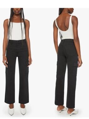 Mother wide leg jeans black size 27 the straight up rambler cargo skimp in pitch